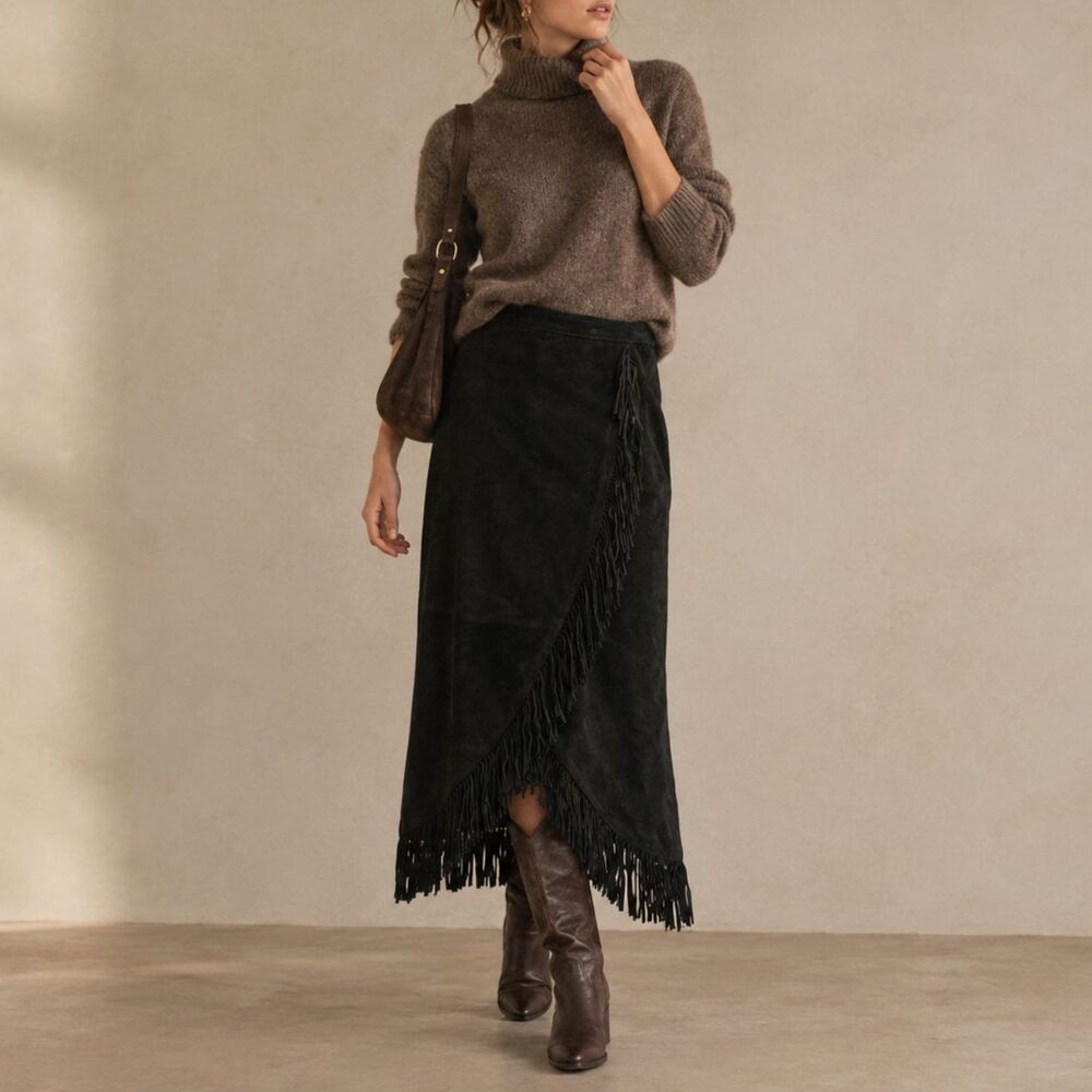 Denim & Co, Genuine Leather Black Suede Fringe Wrap Midi Skirt, S Western